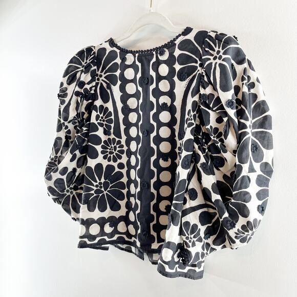 Farm Rio Palermo Puff-Sleeve Button-Back Blouse Black White Small - Picture 6 of 8